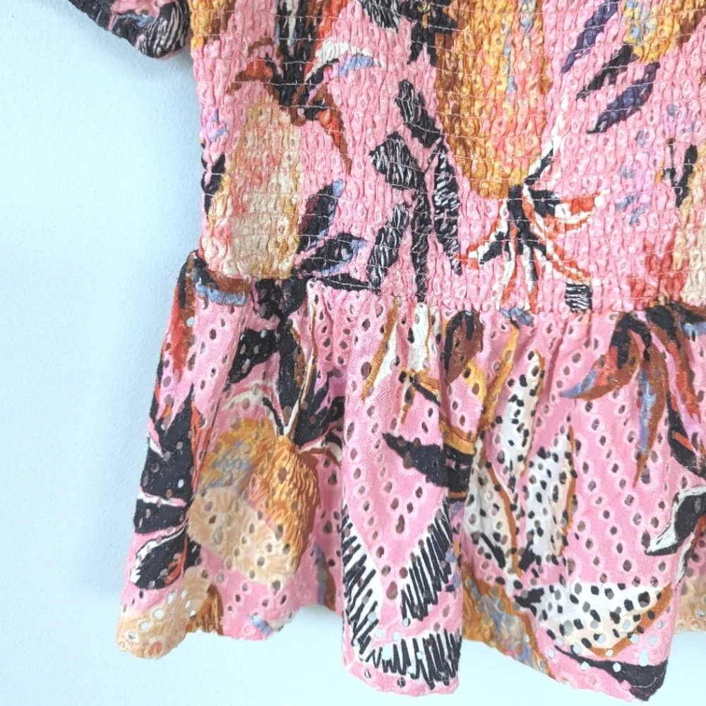 FARM Rio Pink Floral Smocked Puff-Sleeve Blouse